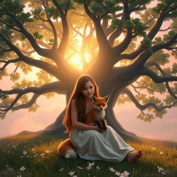 A beautiful fantasy scene at dawn featuring a teenage girl with long, flowing hair sitting in front of a magnificent, huge fig tree