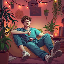 A laid-back, chill guy lounging in a cozy, informal environment