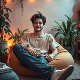 A laid-back, chill guy lounging in a cozy, informal environment