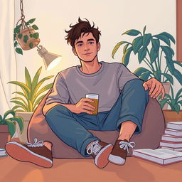 A laid-back, chill guy lounging in a cozy, informal environment