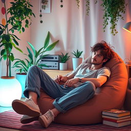 A laid-back, chill guy lounging in a cozy, informal environment