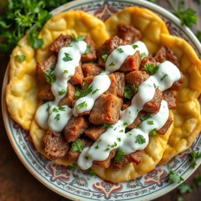 A delicious plate of Azerbaijani khinkal, featuring cooked dough slices topped with tender cut pieces of meat and drizzled with creamy yogurt