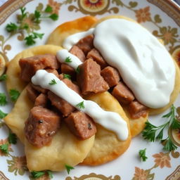 A delicious plate of Azerbaijani khinkal, featuring cooked dough slices topped with tender cut pieces of meat and drizzled with creamy yogurt