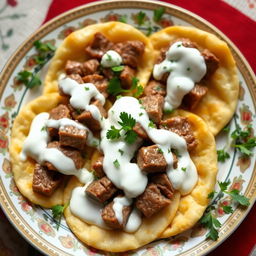 A delicious plate of Azerbaijani khinkal, featuring cooked dough slices topped with tender cut pieces of meat and drizzled with creamy yogurt