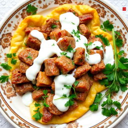 A delicious plate of Azerbaijani khinkal, featuring cooked dough slices topped with tender cut pieces of meat and drizzled with creamy yogurt