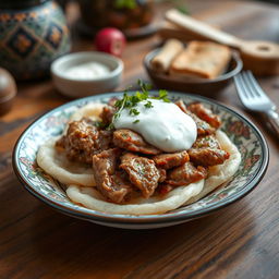 A vibrant and detailed close-up of Azerbaijani khinkal, featuring tender boiled dough slices topped with succulent pieces of meat and a generous dollop of creamy yogurt