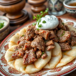 A vibrant and detailed close-up of Azerbaijani khinkal, featuring tender boiled dough slices topped with succulent pieces of meat and a generous dollop of creamy yogurt
