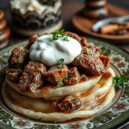 A vibrant and detailed close-up of Azerbaijani khinkal, featuring tender boiled dough slices topped with succulent pieces of meat and a generous dollop of creamy yogurt