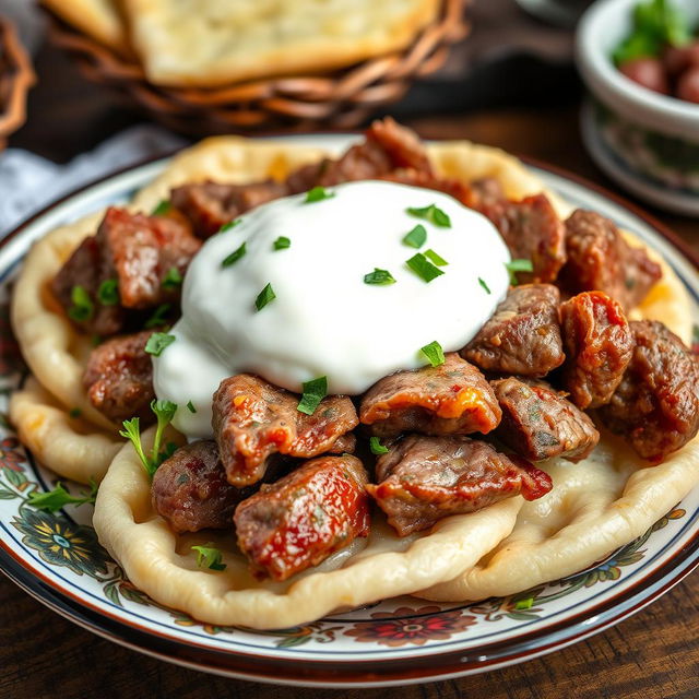 A vibrant and detailed close-up of Azerbaijani khinkal, featuring tender boiled dough slices topped with succulent pieces of meat and a generous dollop of creamy yogurt