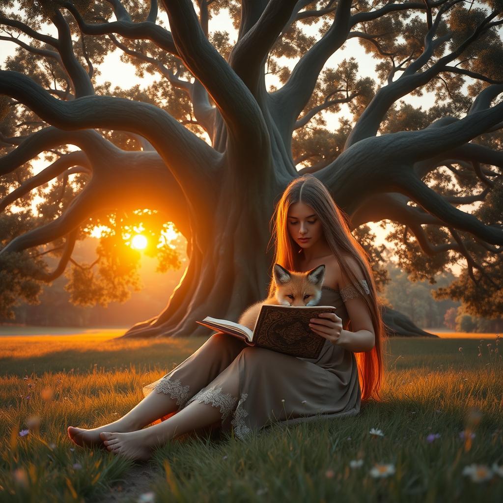 A captivating fantasy scene at dusk featuring a young woman with long, flowing hair sitting in front of a gigantic fig tree, which has majestic, sprawling branches and dense foliage, creating a serene clearing