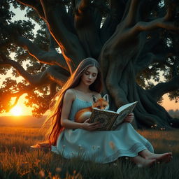 A captivating fantasy scene at dusk featuring a young woman with long, flowing hair sitting in front of a gigantic fig tree, which has majestic, sprawling branches and dense foliage, creating a serene clearing