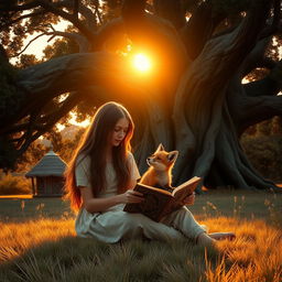 A captivating fantasy scene at dusk featuring a young woman with long, flowing hair sitting in front of a gigantic fig tree, which has majestic, sprawling branches and dense foliage, creating a serene clearing