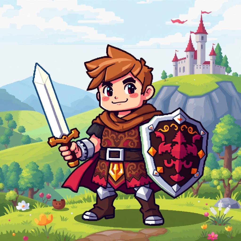A pixel art character design, featuring a vibrant and colorful hero character with a sword and shield