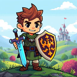 A pixel art character design, featuring a vibrant and colorful hero character with a sword and shield