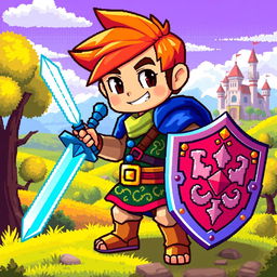 A pixel art character design, featuring a vibrant and colorful hero character with a sword and shield
