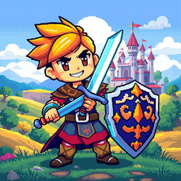 A pixel art character design, featuring a vibrant and colorful hero character with a sword and shield