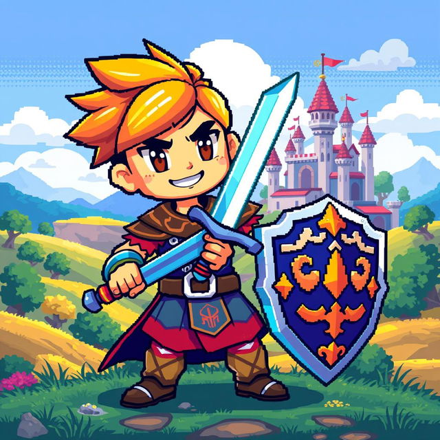 A pixel art character design, featuring a vibrant and colorful hero character with a sword and shield