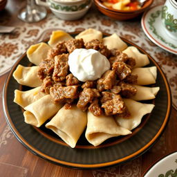 A delicious plate of Azerbaijani khinkali, featuring thinly rolled dough slices, perfectly cooked and topped with succulent chunks of meat