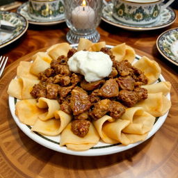A delicious plate of Azerbaijani khinkali, featuring thinly rolled dough slices, perfectly cooked and topped with succulent chunks of meat