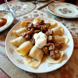A delicious plate of Azerbaijani khinkali, featuring thinly rolled dough slices, perfectly cooked and topped with succulent chunks of meat
