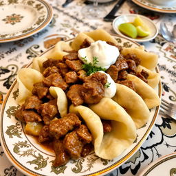 A delicious plate of Azerbaijani khinkali, featuring thinly rolled dough slices, perfectly cooked and topped with succulent chunks of meat