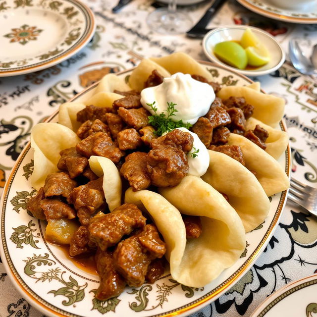 A delicious plate of Azerbaijani khinkali, featuring thinly rolled dough slices, perfectly cooked and topped with succulent chunks of meat