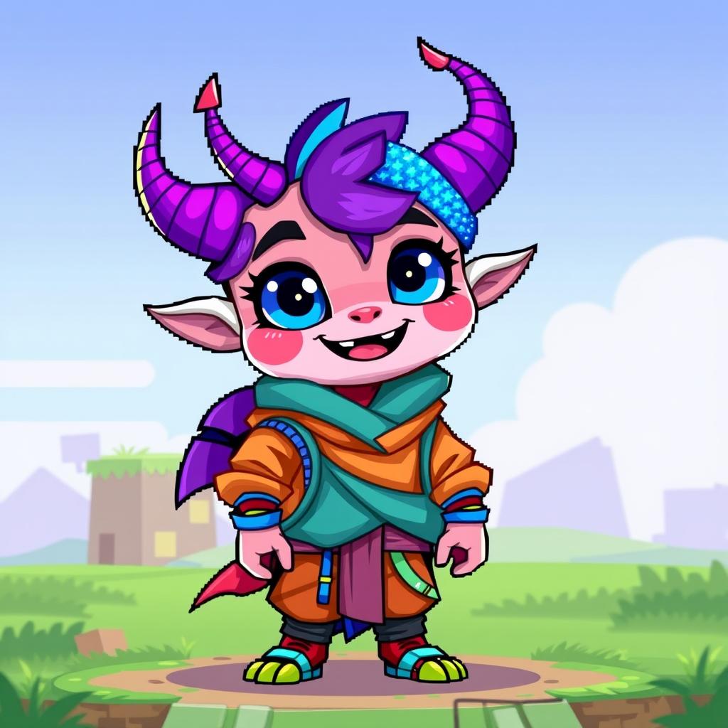 A creative pixel art character, featuring a vibrant and colorful design with exaggerated features