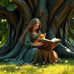 A fantasy-inspired scene featuring a young woman with long flowing hair, dressed in a flowing mystical gown, sitting peacefully in front of an enormous fig tree with intricate bark and lush, green leaves