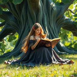 A fantasy-inspired scene featuring a young woman with long flowing hair, dressed in a flowing mystical gown, sitting peacefully in front of an enormous fig tree with intricate bark and lush, green leaves