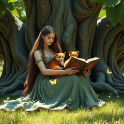 A fantasy-inspired scene featuring a young woman with long flowing hair, dressed in a flowing mystical gown, sitting peacefully in front of an enormous fig tree with intricate bark and lush, green leaves