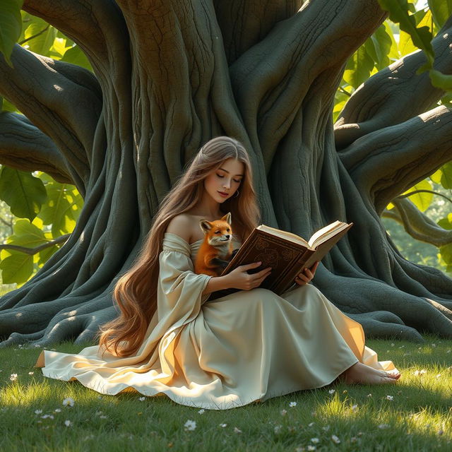 A fantasy-inspired scene featuring a young woman with long flowing hair, dressed in a flowing mystical gown, sitting peacefully in front of an enormous fig tree with intricate bark and lush, green leaves