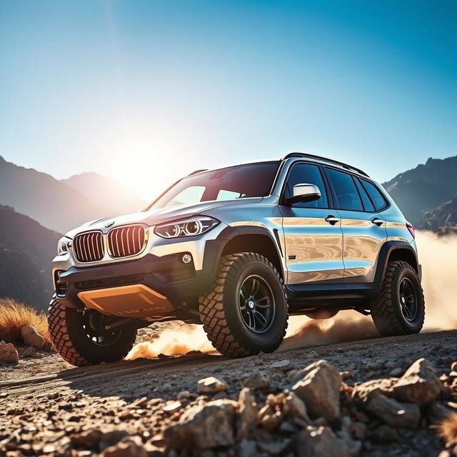 A powerful BMW off-road vehicle tackling a rugged landscape, with large, aggressive tires gripping rocky terrain