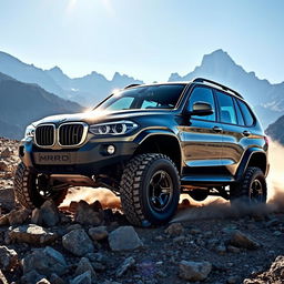 A powerful BMW off-road vehicle tackling a rugged landscape, with large, aggressive tires gripping rocky terrain