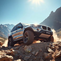 A powerful BMW off-road vehicle tackling a rugged landscape, with large, aggressive tires gripping rocky terrain