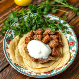 A traditional Azerbaijani khinkal dish featuring thinly sliced, cooked dough topped with pieces of tender meat and a generous dollop of creamy yogurt