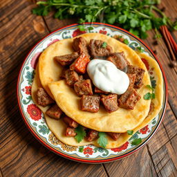 A traditional Azerbaijani khinkal dish featuring thinly sliced, cooked dough topped with pieces of tender meat and a generous dollop of creamy yogurt