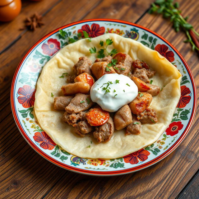 A traditional Azerbaijani khinkal dish featuring thinly sliced, cooked dough topped with pieces of tender meat and a generous dollop of creamy yogurt