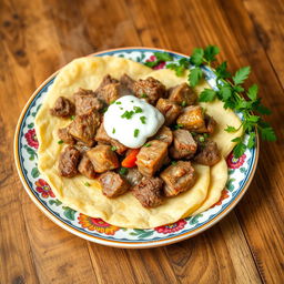 A traditional Azerbaijani khinkal dish featuring thinly sliced, cooked dough topped with pieces of tender meat and a generous dollop of creamy yogurt