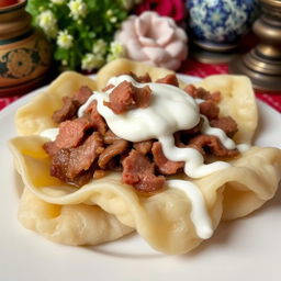 A delicious serving of Azerbaijani khinkal featuring thin, boiled dough pieces topped with tender, sliced meat and a generous dollop of creamy yogurt