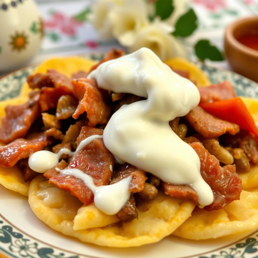 A delicious serving of Azerbaijani khinkal featuring thin, boiled dough pieces topped with tender, sliced meat and a generous dollop of creamy yogurt