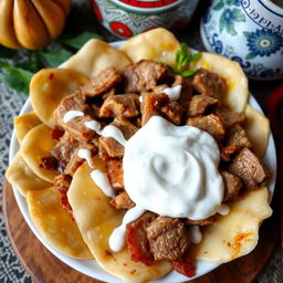 A delicious serving of Azerbaijani khinkal featuring thin, boiled dough pieces topped with tender, sliced meat and a generous dollop of creamy yogurt
