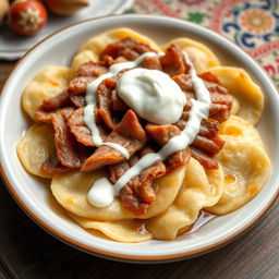 A delicious serving of Azerbaijani khinkal featuring thin, boiled dough pieces topped with tender, sliced meat and a generous dollop of creamy yogurt