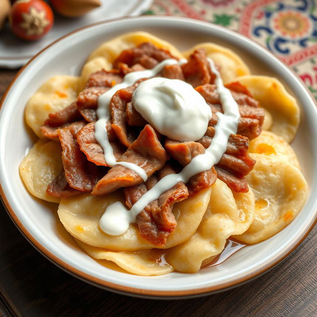 A delicious serving of Azerbaijani khinkal featuring thin, boiled dough pieces topped with tender, sliced meat and a generous dollop of creamy yogurt