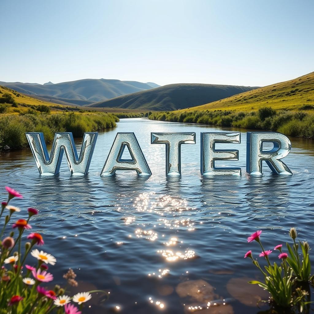 A picturesque scene where a gentle river flows serenely through a lush green landscape, the shimmering water magically forming the word 'WATER' as it moves