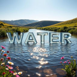A picturesque scene where a gentle river flows serenely through a lush green landscape, the shimmering water magically forming the word 'WATER' as it moves