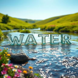 A picturesque scene where a gentle river flows serenely through a lush green landscape, the shimmering water magically forming the word 'WATER' as it moves