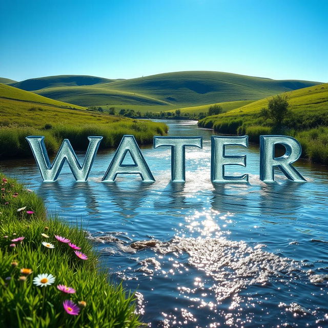 A picturesque scene where a gentle river flows serenely through a lush green landscape, the shimmering water magically forming the word 'WATER' as it moves