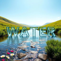 A picturesque scene where a gentle river flows serenely through a lush green landscape, the shimmering water magically forming the word 'WATER' as it moves