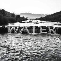 A realistic black and white image depicting a gentle river flowing through a serene landscape, with the water creatively forming the word 'WATER' as it cascades