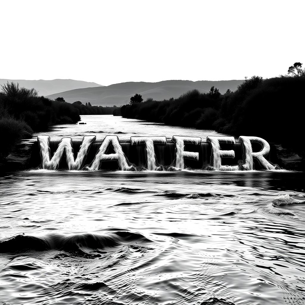 A realistic black and white image depicting a gentle river flowing through a serene landscape, with the water creatively forming the word 'WATER' as it cascades
